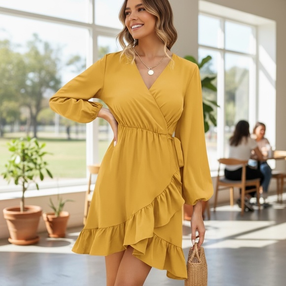 Women’s V-Neck Long Sleeve Wrap Dress with Ruffle Hem - Picture 3 of 8